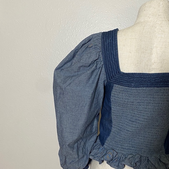 Anthropologie “Love The Label” Denim Smocked Puff Sleeve Top, Size S - Picture 4 of 7